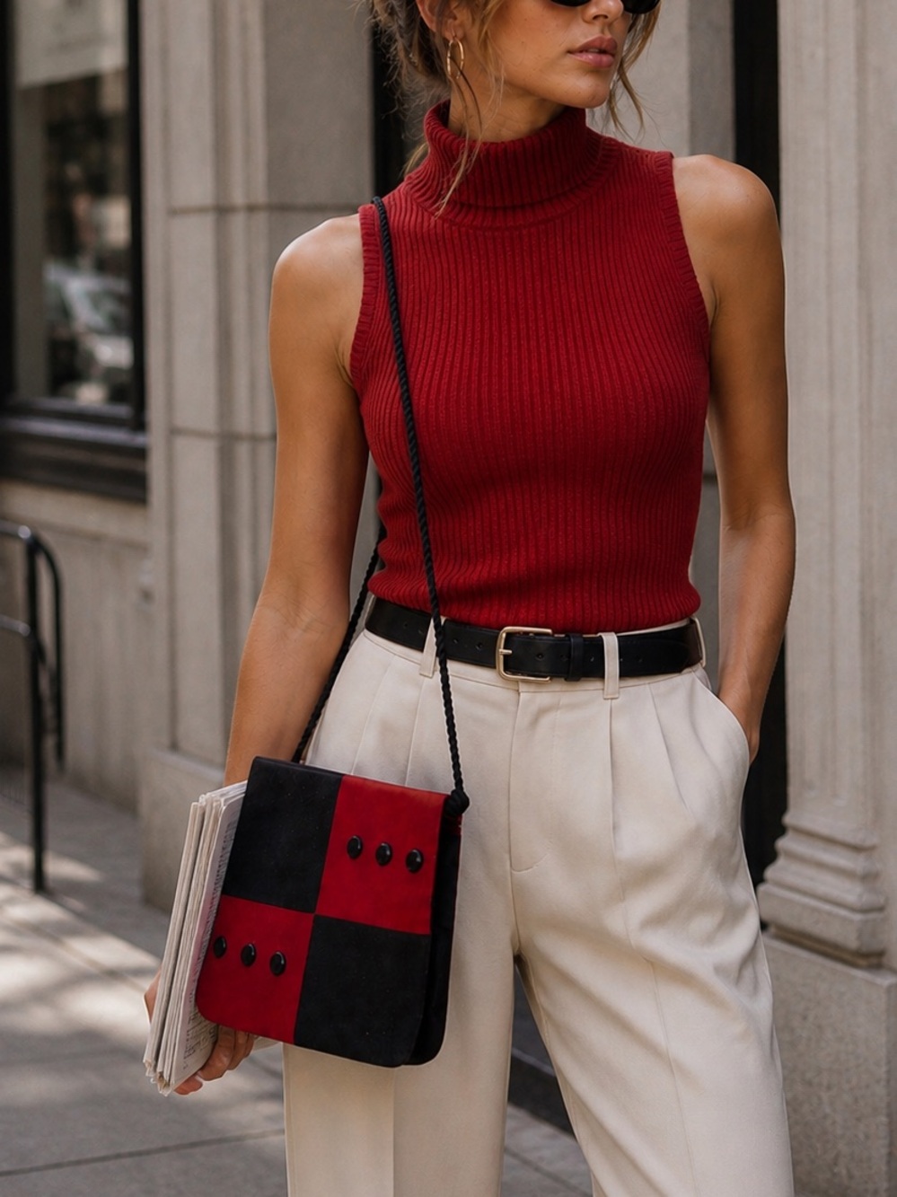 Vintage 80s 90s Bold Color Block Jewel Satin Shoulder Cross Bag Red Black Purse